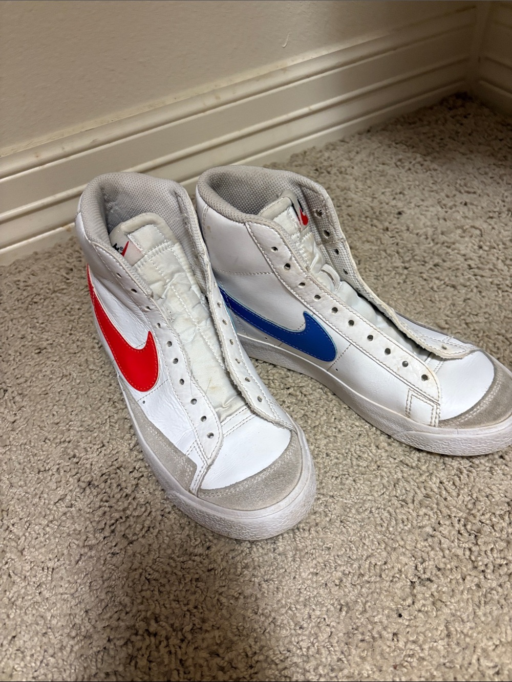 Nike White High-Top Sneakers with Red & Blue Swooshes